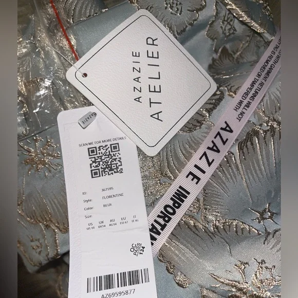 Azazie Florentine Strapless Floral Gown in Blue and Gold 10 floor length - Picture 2 of 9